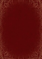 Deep red textured paper with vignette of golden hand-drawn pattern. Copy space. Digital artwork, A4. (pattern: p09d)