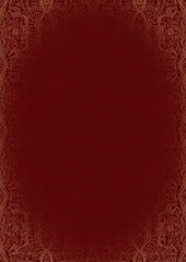 Deep red textured paper with vignette of golden hand-drawn pattern. Copy space. Digital artwork, A4. (pattern: p09e)