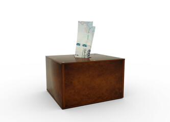 Saudi riyal notes inside wooden savings box. Generic savings Bank, Penny Bank, Money Box. 3d rendering