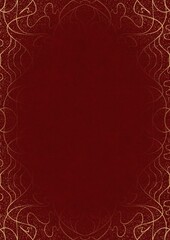 Deep red textured paper with splatters of golden glitter and vignette of golden hand-drawn pattern. Copy space. Digital artwork, A4. (pattern: p02-1d)