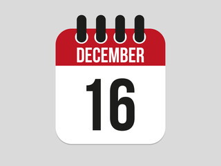 16 December calendar icon. Calendar template for the days of december. Red banner for dates and business