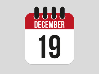 19 December calendar icon. Calendar template for the days of december. Red banner for dates and business