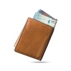 3D rendering of Saudi riyal notes popping out of a brown leather men’s wallet. Saudi riyals in wallet