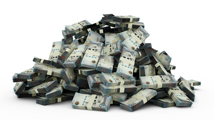 Big pile of Saudi riyal notes a lot of money over white background. 3d rendering of bundles of cash
