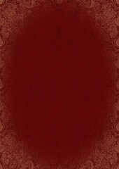 Hand-drawn unique abstract ornament. Light red on a deep red background, with vignette of same pattern in golden glitter. Paper texture. Digital artwork, A4. (pattern: p01e)