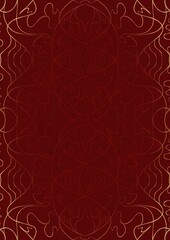 Hand-drawn unique abstract ornament. Light red on a deep red background, with vignette of same pattern in golden glitter. Paper texture. Digital artwork, A4. (pattern: p02-1d)