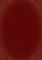 Hand-drawn unique abstract ornament. Light red on a deep red background, with vignette of same pattern in golden glitter. Paper texture. Digital artwork, A4. (pattern: p03e)