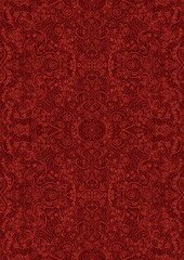Hand-drawn unique abstract symmetrical seamless ornament. Bright red on a deep red background. Paper texture. Digital artwork, A4. (pattern: p06d)