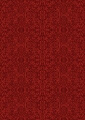 Hand-drawn unique abstract symmetrical seamless ornament. Bright red on a deep red background. Paper texture. Digital artwork, A4. (pattern: p06e)