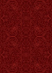 Hand-drawn unique abstract symmetrical seamless ornament. Bright red on a deep red background. Paper texture. Digital artwork, A4. (pattern: p07-1d)