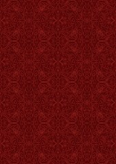 Hand-drawn unique abstract symmetrical seamless ornament. Bright red on a deep red background. Paper texture. Digital artwork, A4. (pattern: p07-1e)