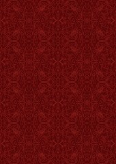 Hand-drawn unique abstract symmetrical seamless ornament. Bright red on a deep red background. Paper texture. Digital artwork, A4. (pattern: p07-1e)