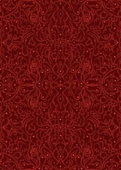 Hand-drawn unique abstract symmetrical seamless ornament. Bright red on a deep red background. Paper texture. Digital artwork, A4. (pattern: p07-2d)