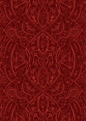 Hand-drawn unique abstract symmetrical seamless ornament. Bright red on a deep red background. Paper texture. Digital artwork, A4. (pattern: p08-2d)