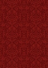Hand-drawn unique abstract symmetrical seamless ornament. Bright red on a deep red background. Paper texture. Digital artwork, A4. (pattern: p08-2e)