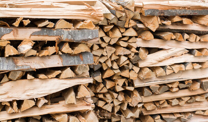 Stacked firewood in several rows