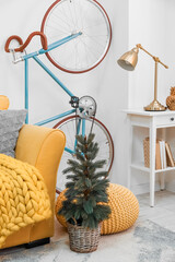 Bicycle and small Christmas tree in living room