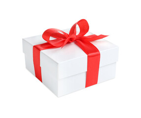 Christmas gift. Box with red ribbon bow on white background