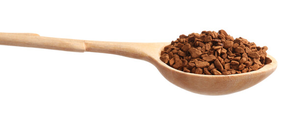 Wooden spoon with aromatic instant coffee isolated on white
