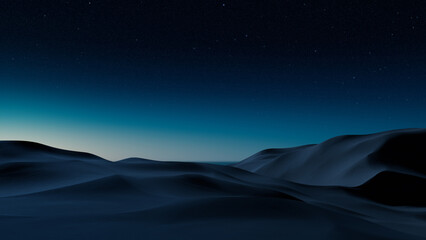 Night Landscape, with Desert Sand Dunes. Surreal Modern Background with Blue Gradient Starry Sky