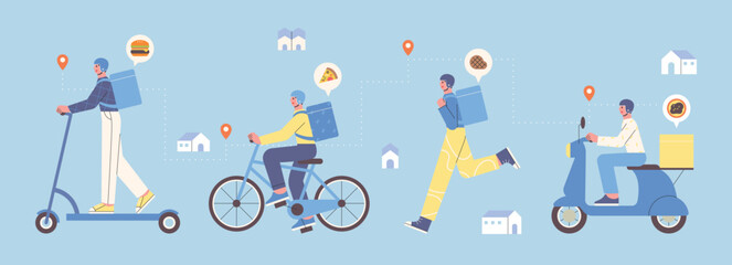 A collection of delivery men delivering goods by various means of transportation.