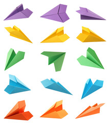 Set with handmade different color paper planes on white background