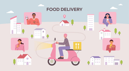 A delivery man is delivering goods. There are people ordering food on their mobile phones in the houses on the map.