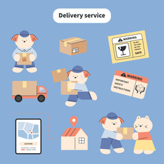 Cute puppy delivery man is delivering goods.