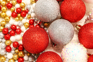 Beautiful Christmas balls on table, closeup