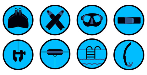 freediving icons, vector freediving equipment: monofin, freediving fins, mask, dive belt, nose clip, indoor freediving, outdoor freediving, snorkel, diving illustrations in circles