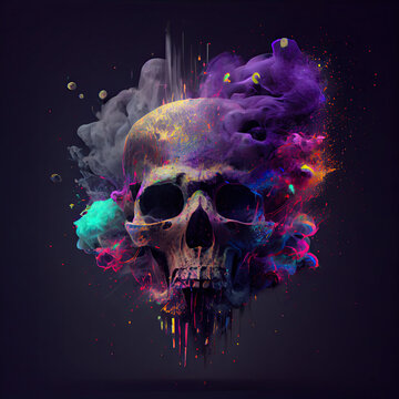 A human skull exploding. Beautiful colors, smoke and particle effects. Digital art.