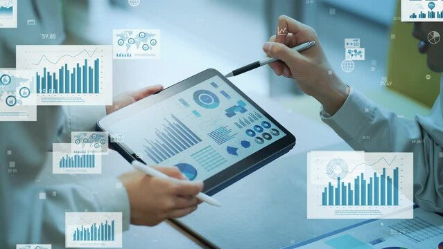 Worker using tablet PC and statistical data. Digital transformation. Paperless work.