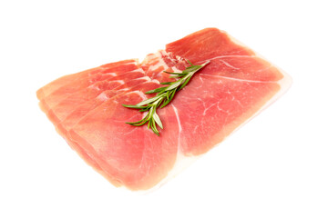 Slices of delicious ham with rosemary isolated on white background