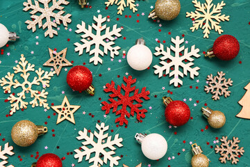 Composition with different Christmas decor on color background