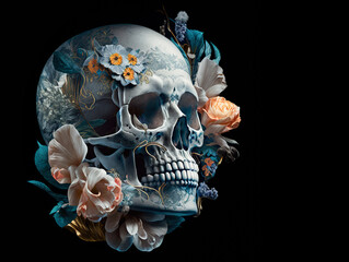Skull and Flowers, Vintage illustration. Digital illustration for prints, posters, postcards, stickers, tattoo	