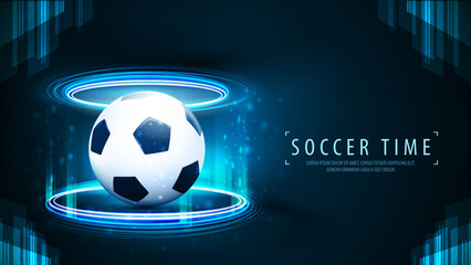 Blue digital hologram podium in cylindrical shape with football ball inside