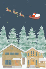 雪化粧のもみの木と家とサンタクロースとトナカイがプレゼントを届けに行くクリスマスのイラスト_santa claus on a sleigh and reindeer