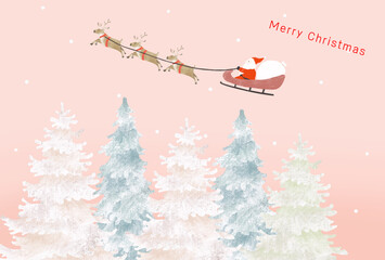雪化粧のもみの木とサンタクロースとトナカイがプレゼントを届けに行くクリスマスのイラスト_santa claus on a sleigh and reindeer