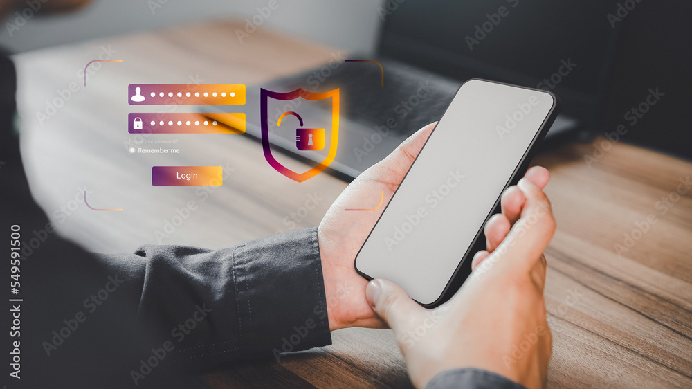 Poster Man protecting personal data on smartphone and virtual interface. Cyber security concept to protect data. Secure encryption and access to the user's private information to access the internet.