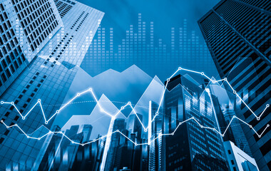 Financial graphs and digital indicators overlap with modernistic urban area, skyscrabber for stock market business concept. Double exposure.