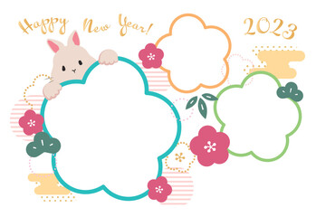 写真3枚入れられるウサギと梅の花の2023年卯年年賀状デザイン　白背景