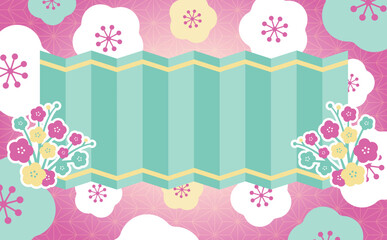 日本らしい屏風をイメージした梅模様の和風お祝いフレーム素材_横長_ピンク平成ポップ_文字なし
