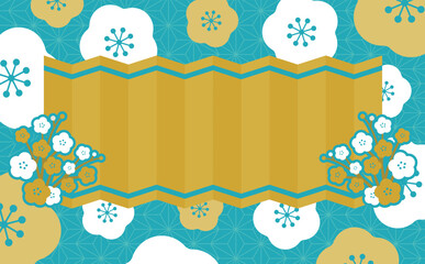 日本らしい屏風をイメージした梅模様の和風お祝いフレーム素材_横長_水色と金_文字なし