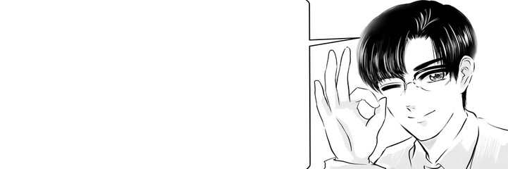 バッチグーOKサインでウィンクする黒髪メガネ姿のイケメン医師のモノクロ少女漫画風ワイドサイズイラスト