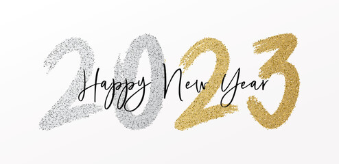 Happy New Year 2023 with calligraphic and brush painted with sparkles and glitter text effect in gold and silver. Vector illustration background for new year's eve and happy new year resolutions