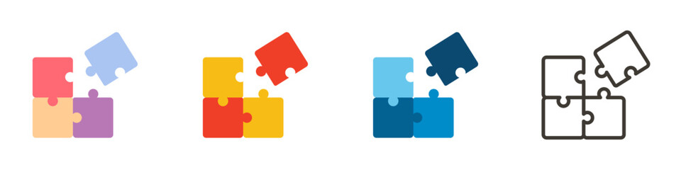 Trendy puzzle icon. Vector illustration of four puzzle matching pieces for concepts of games, toys, business and start up strategies and solutions. 4 different styles and colors - obrazy, fototapety, plakaty