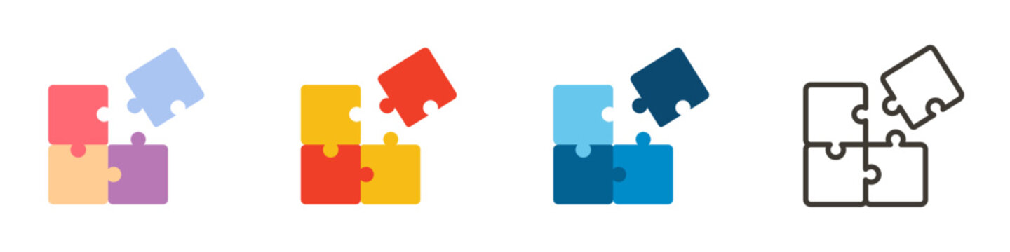 Trendy puzzle icon. Vector illustration of four puzzle matching pieces for concepts of games, toys, business and start up strategies and solutions. 4 different styles and colors