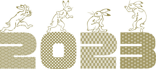 Fototapeta 和柄の２０２３の数字の上に乗る鳥獣戯画のウサギの新年・お正月用のベクターイラスト（金単色） obraz