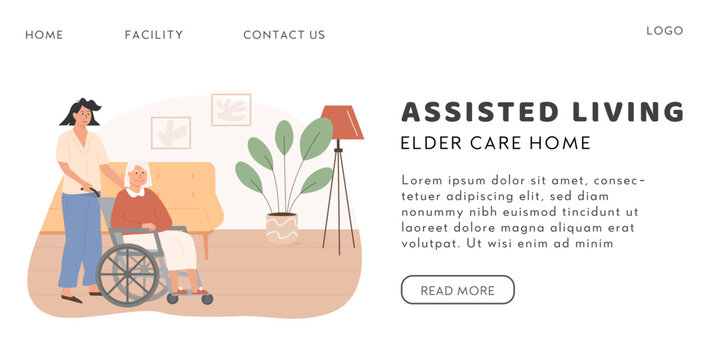 Assisted Living And Residential Care Facility Vector Banner Template. Social Worker Taking Care Of Disabled Elderly Person On Wheelchair. Old Woman Living In Senior House. Home Care Services.