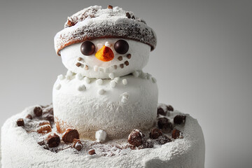 Obraz premium Delicious beautiful snowman cake with white chocolate and coconut powder on the snow wearing a brown hat with chocolate pieces as ornaments